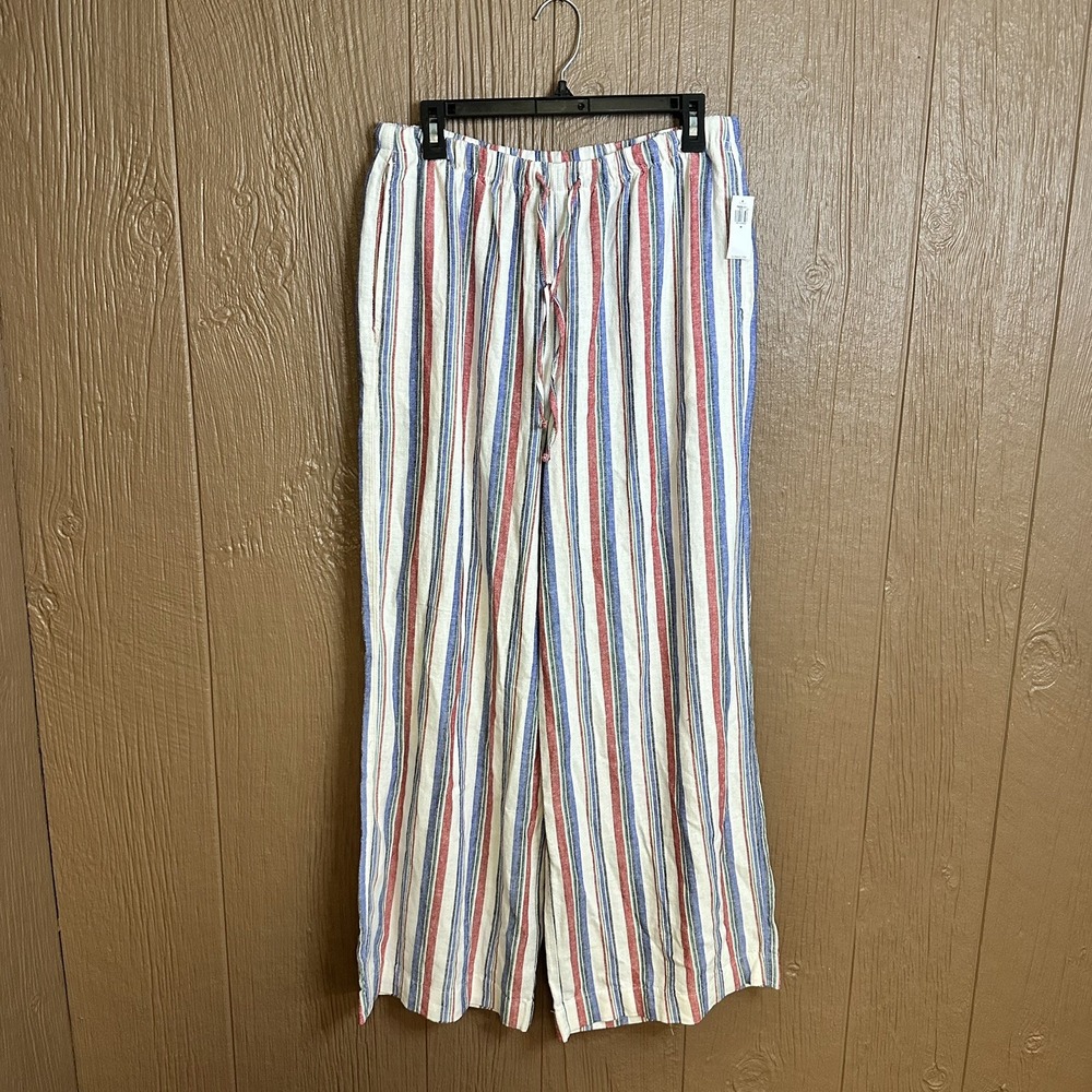 NWT Old Navy Linen Wide Leg Pants Women's Sz M Multi Stripe Coastal Cozy Flowy